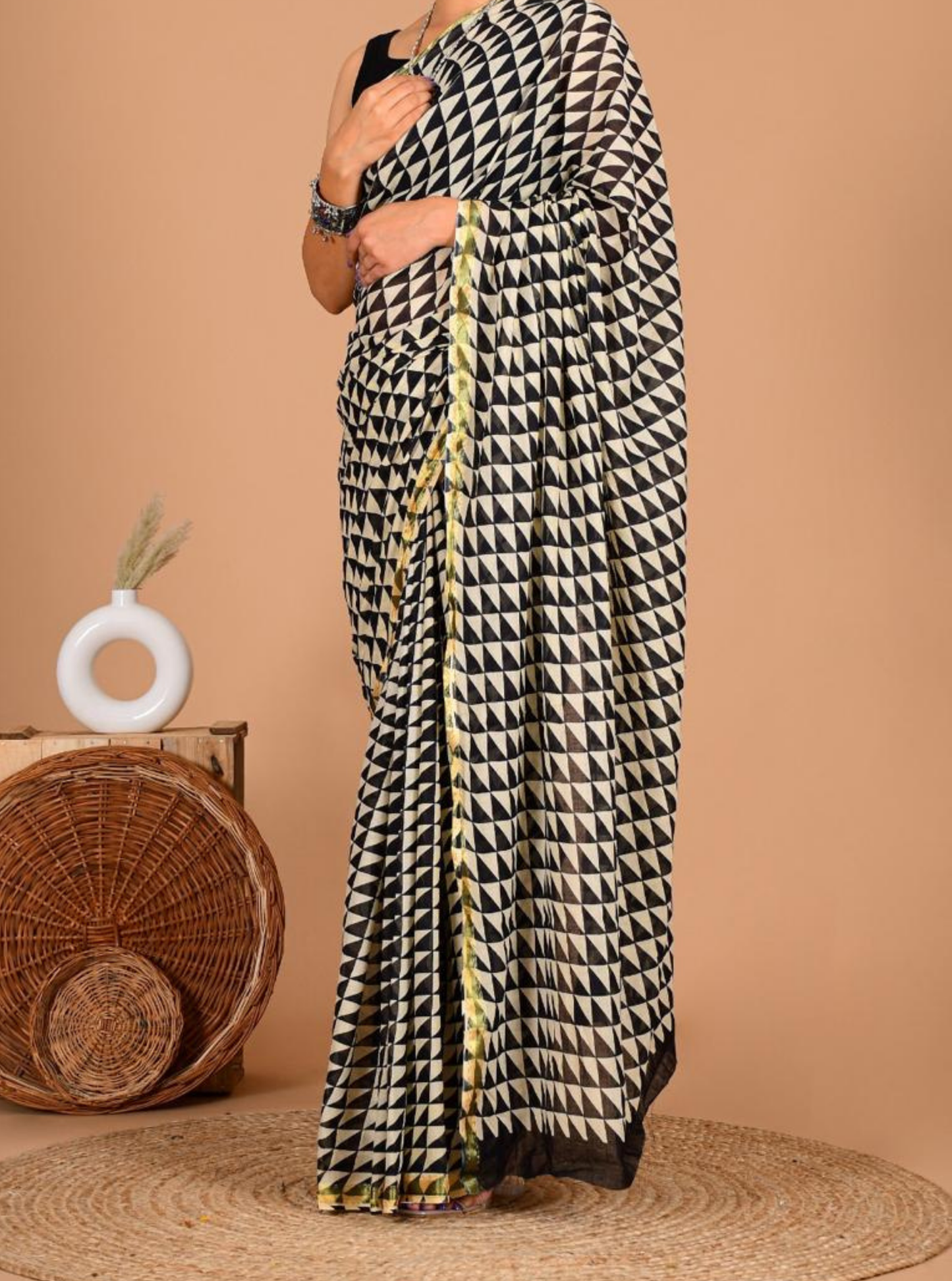 Black & Ivory Geometric Cotton Zari Saree