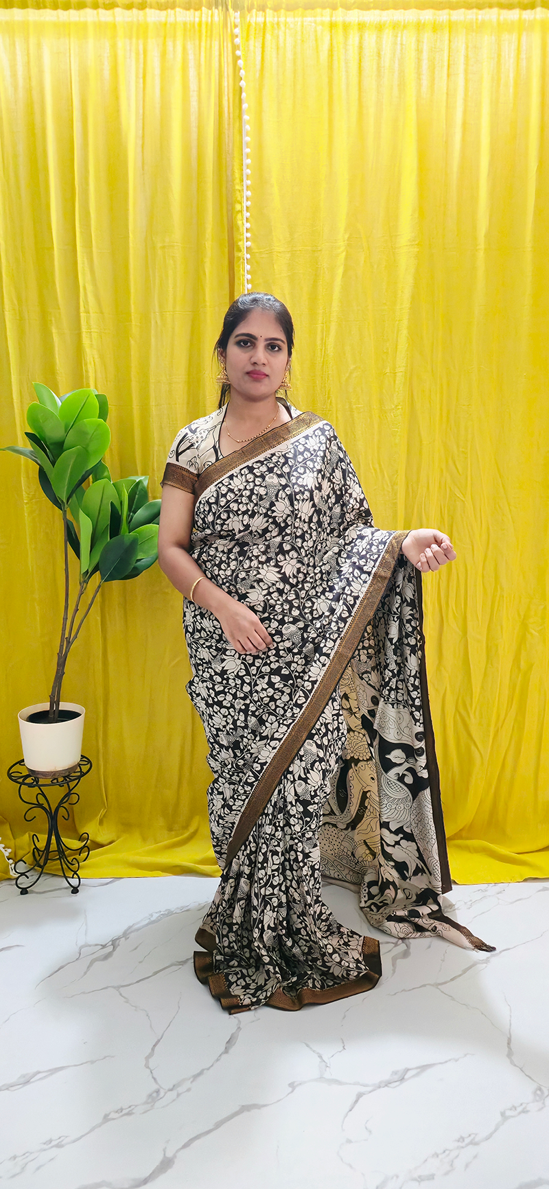 Sophisticated Black and White Kalamkari Mangalagiri Silk Saree with Nizam Border and Hand Block Design