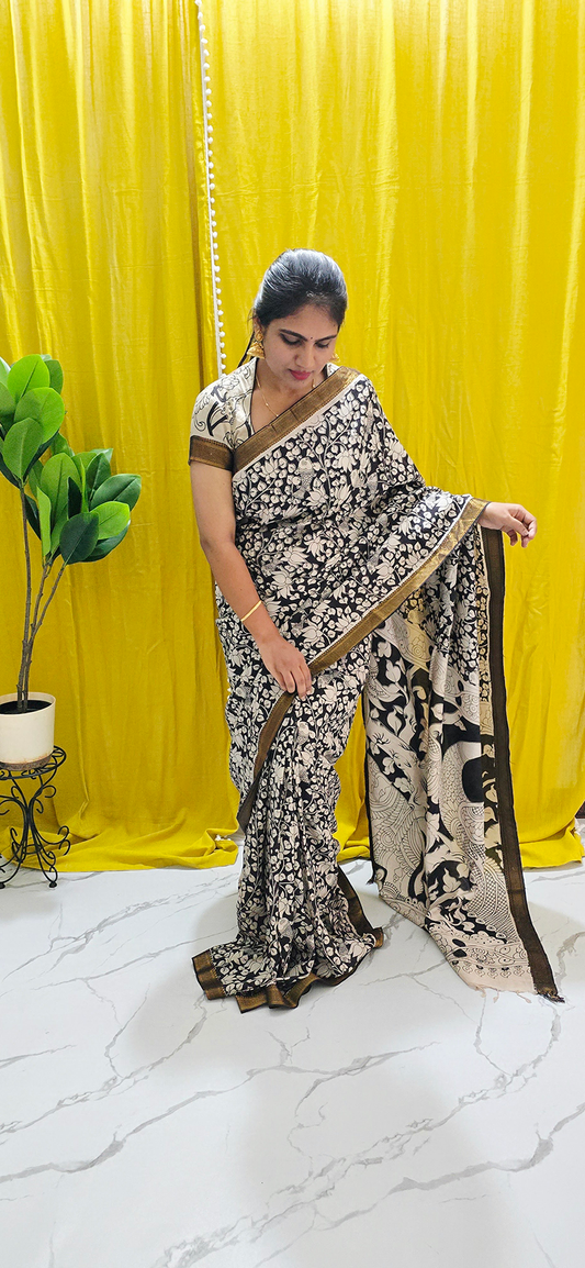 Sophisticated Black and White Kalamkari Mangalagiri Silk Saree with Nizam Border and Hand Block Design