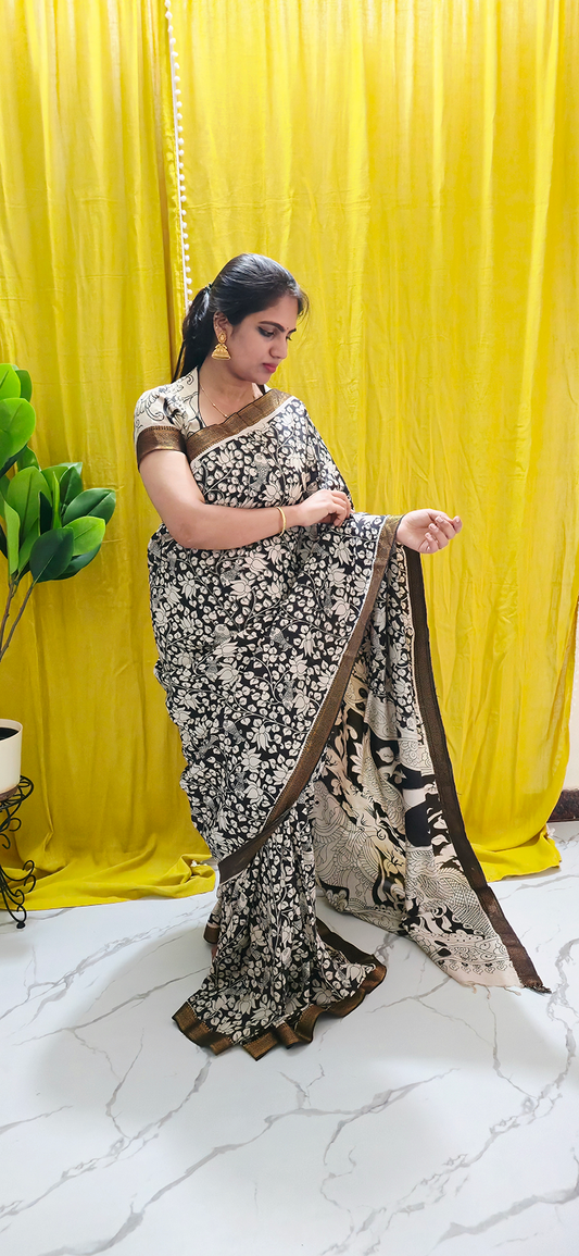 Sophisticated Black and White Kalamkari Mangalagiri Silk Saree with Nizam Border and Hand Block Design