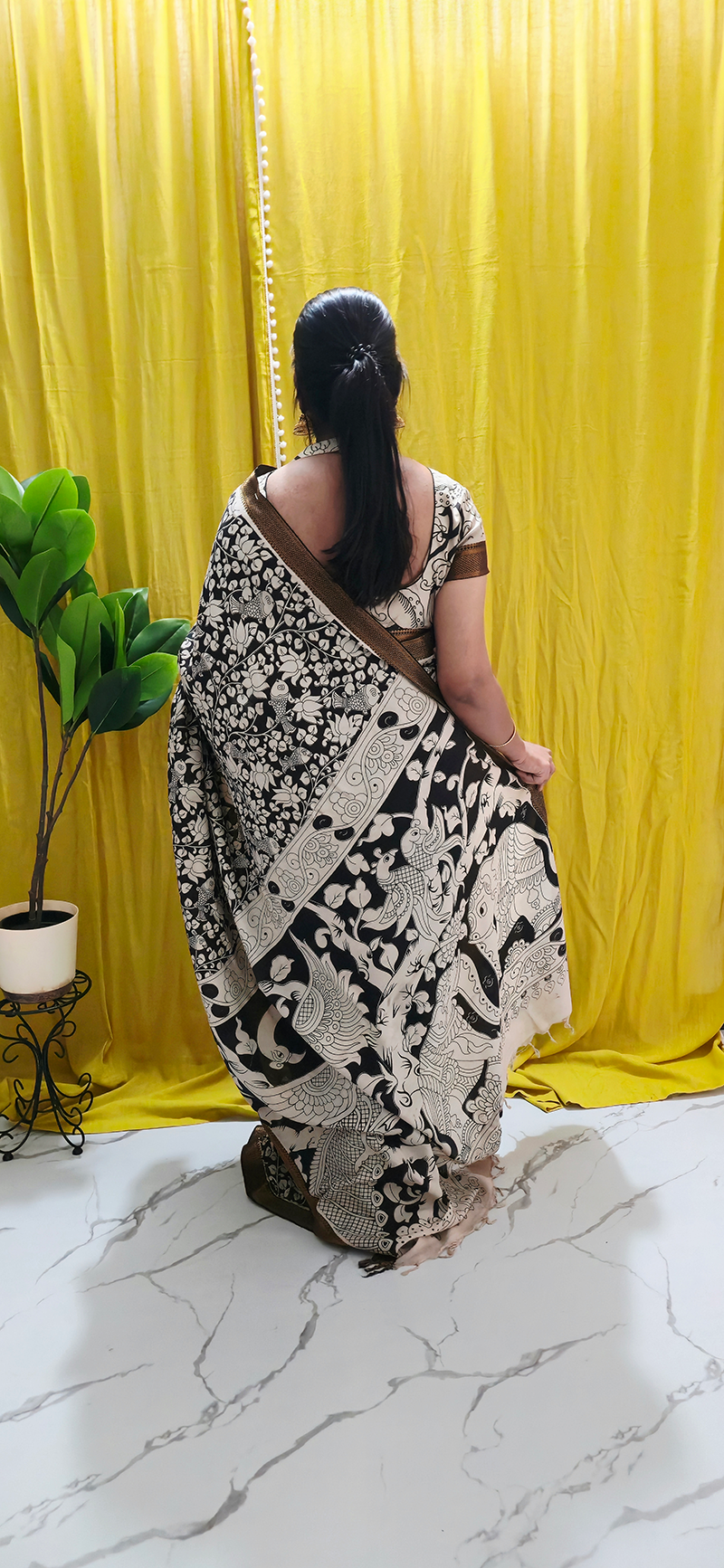 Sophisticated Black and White Kalamkari Mangalagiri Silk Saree with Nizam Border and Hand Block Design