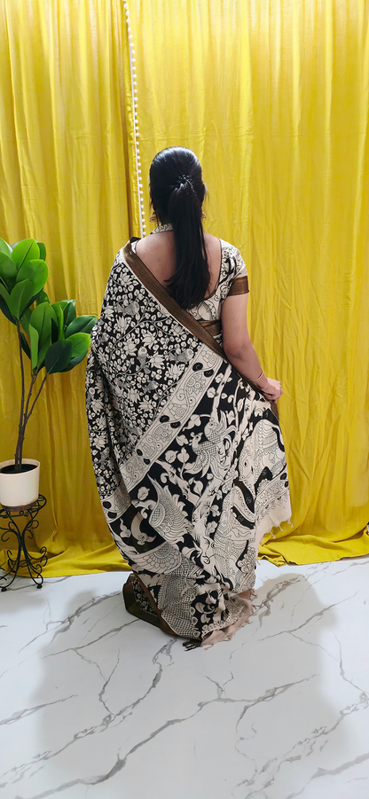 Sophisticated Black and White Kalamkari Mangalagiri Silk Saree with Nizam Border and Hand Block Design