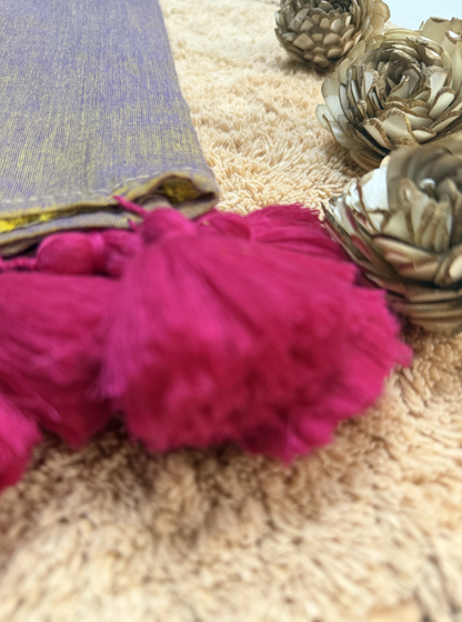 Olive Mul Cotton Saree with Magenta Border & Tassel Detailing