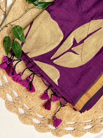 Regal Plum Mul Cotton Saree with Golden Leaf Design & Zari Border