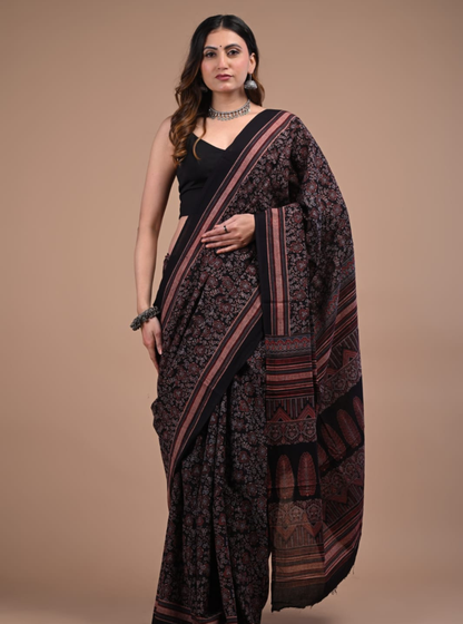Black Cotton Ajrakh Saree with Intricate Floral & Geometric Prints