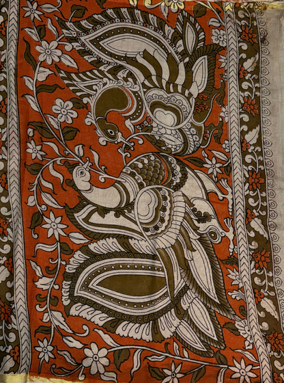 Ivory Kota Cotton Saree with Floral Vine Motifs & Olive Border