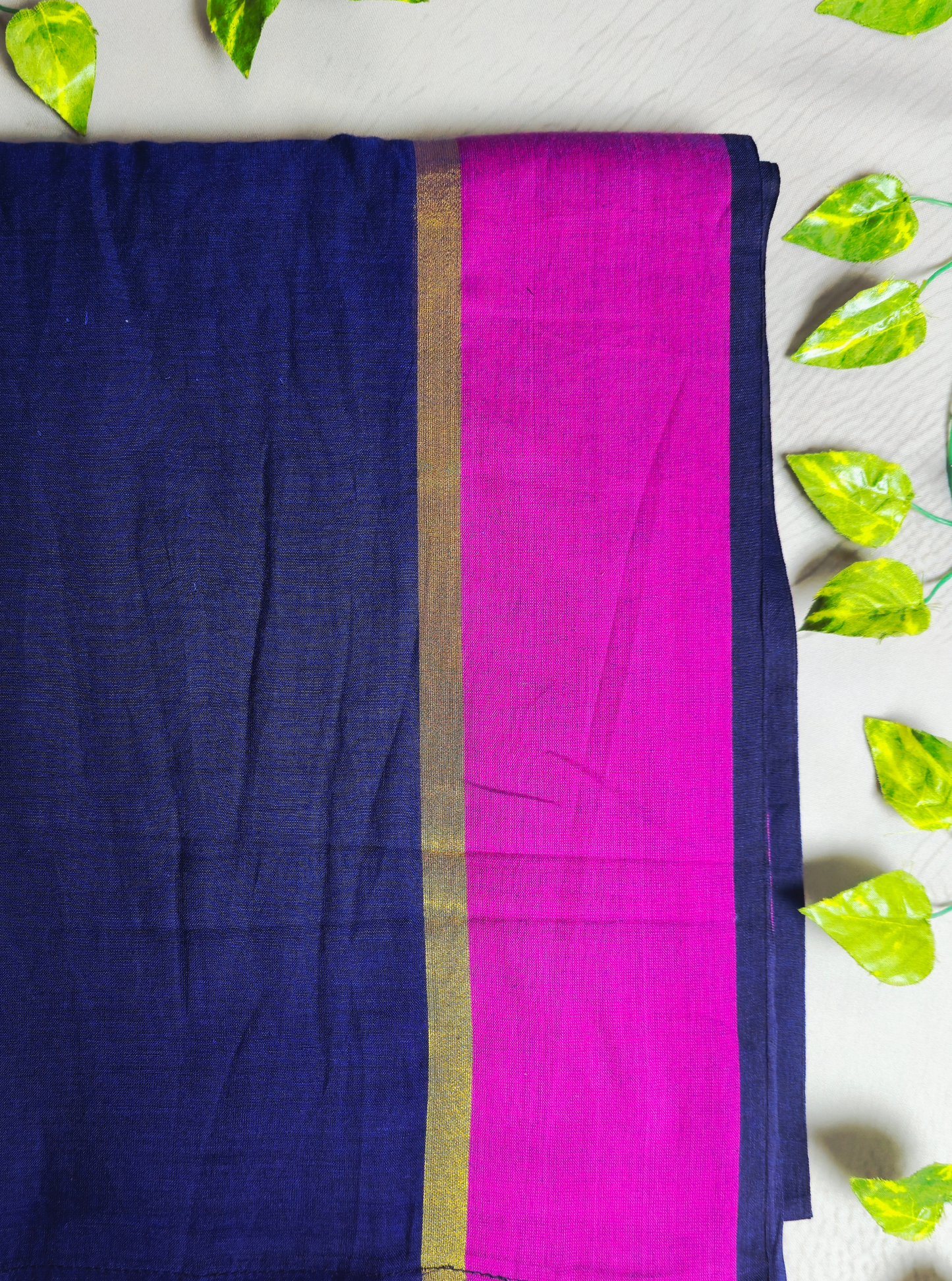 Classic Navy Blue Mul Cotton Saree with Contrast Pink Border & Tassel Pallu