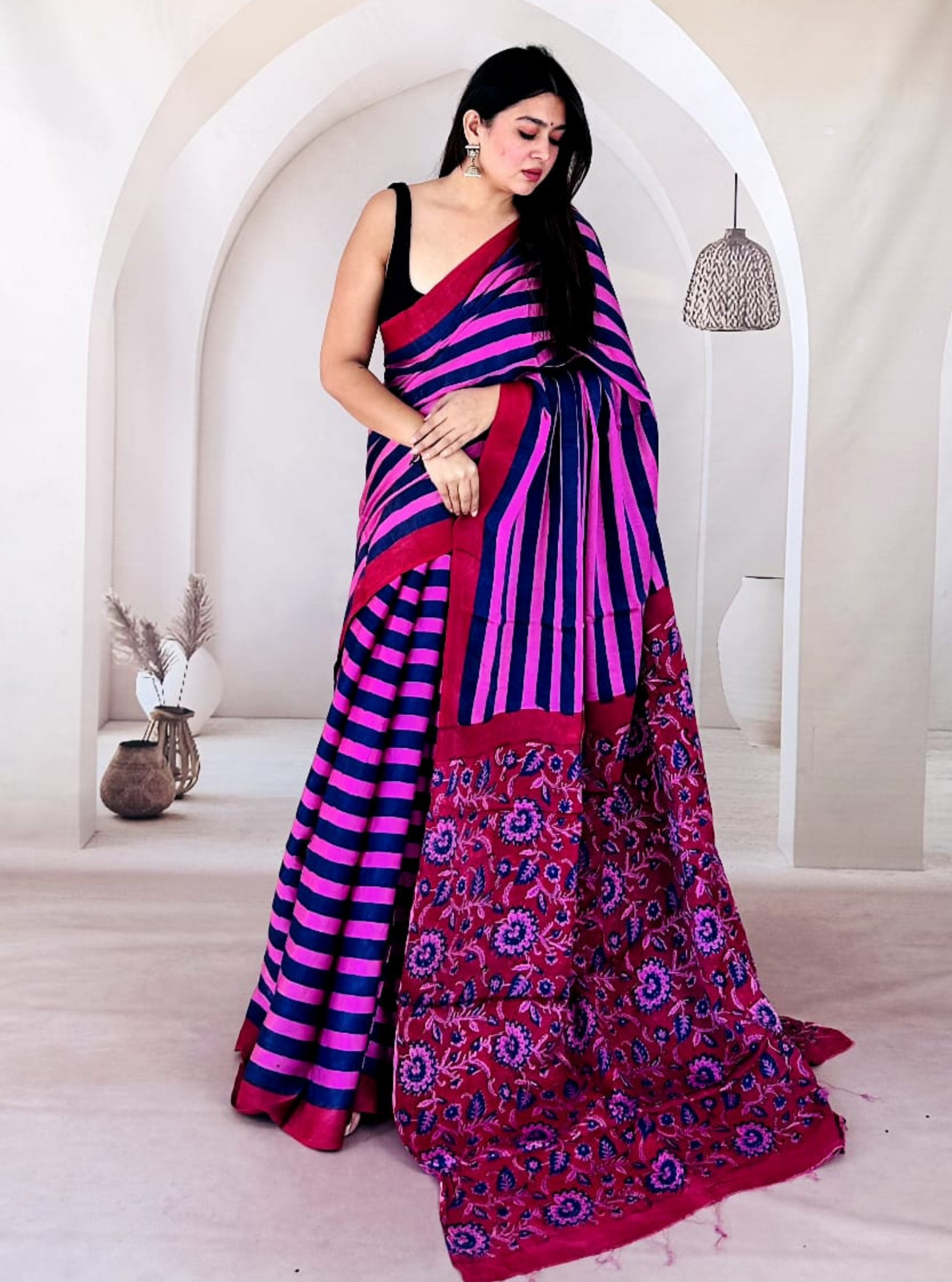 Pink & Navy Modal Silk Saree with Stripes & Floral Printed Pallu