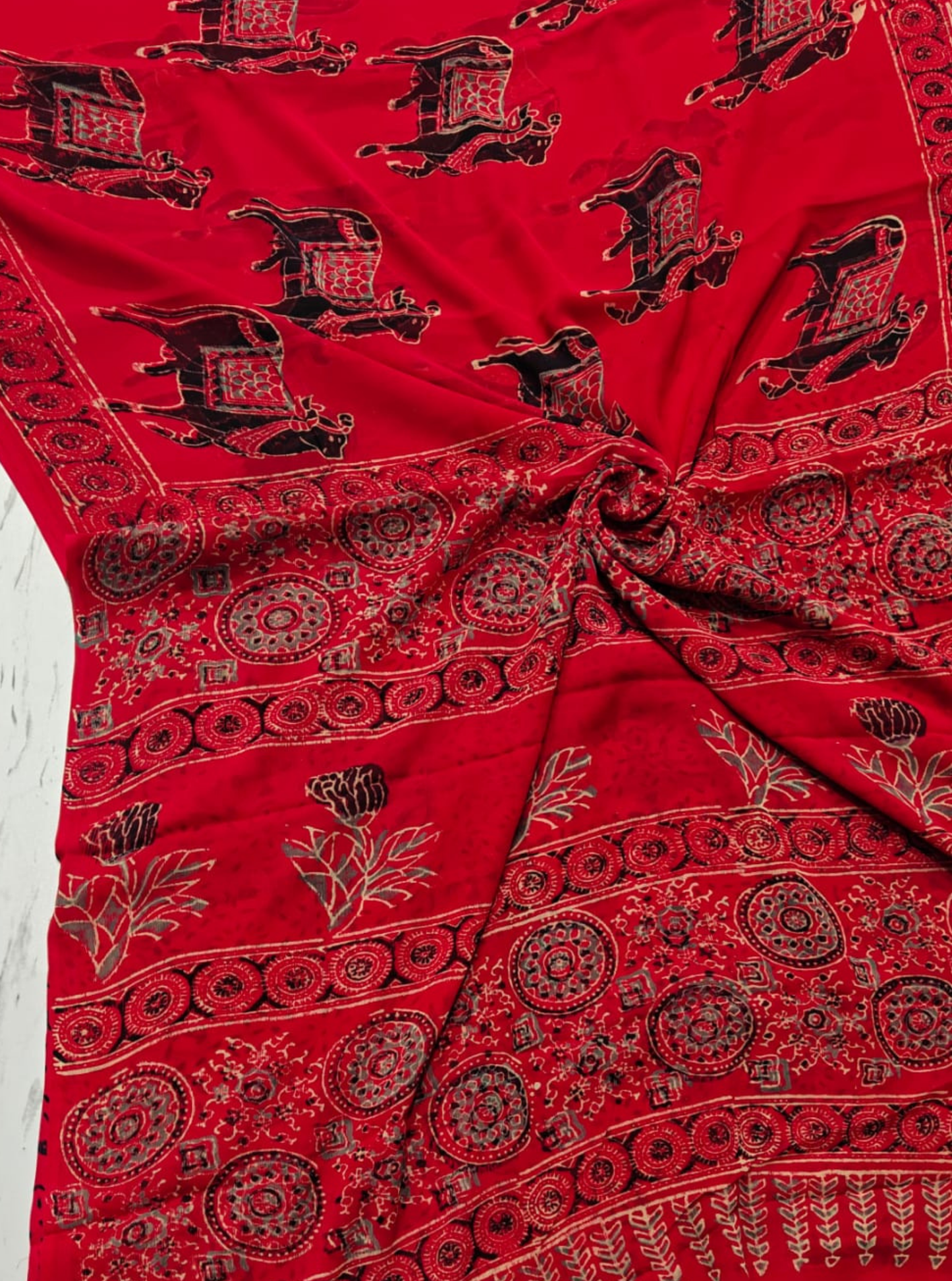 Red Chiffon Double Diamond Saree with Traditional Animal Motifs