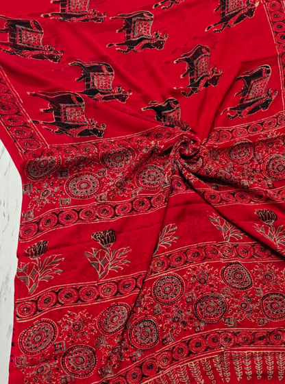 Red Chiffon Double Diamond Saree with Traditional Animal Motifs