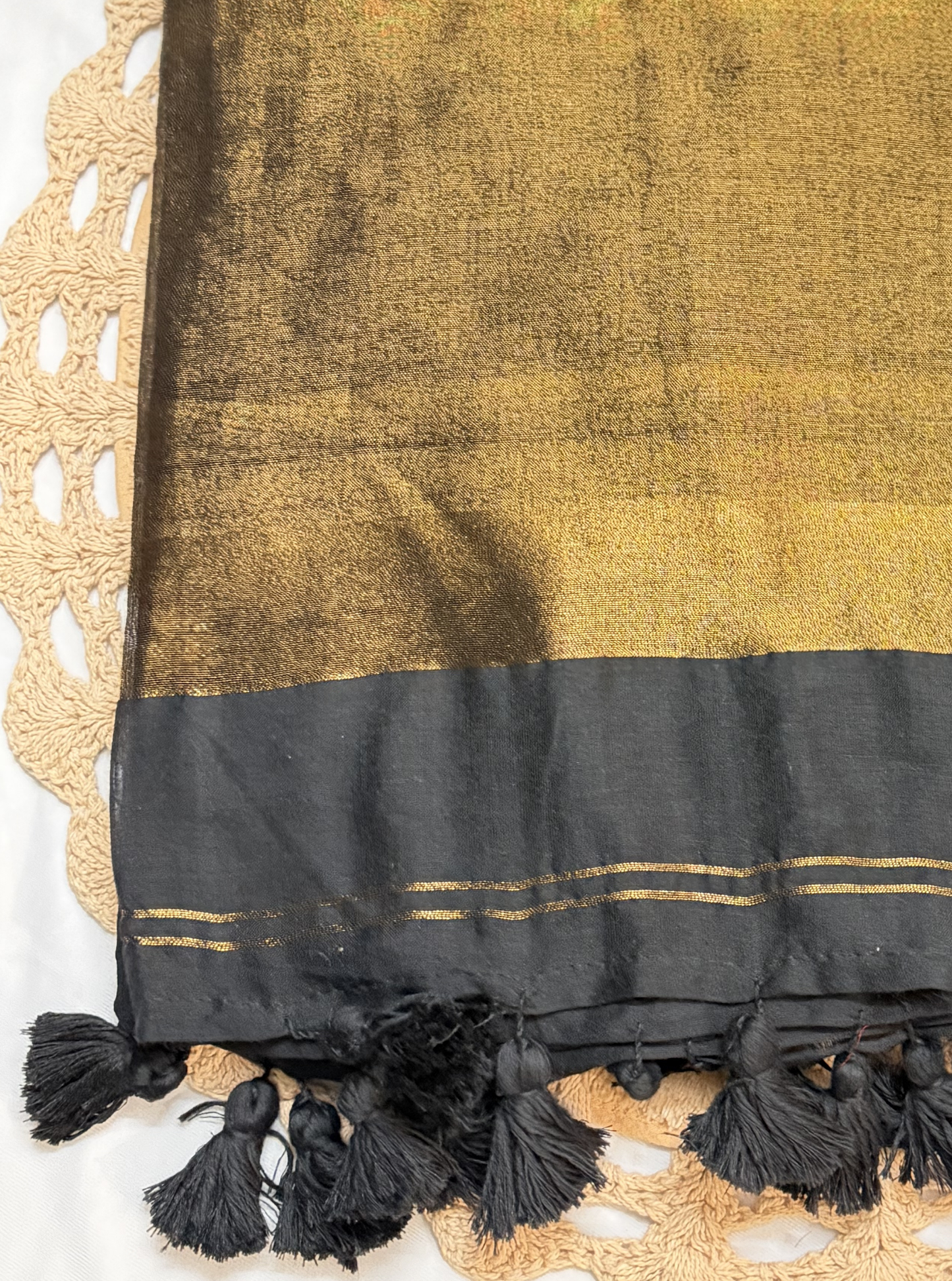 Midnight Black Mul Cotton Saree with Gold Tissue Pallu & Tassels