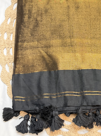 Midnight Black Mul Cotton Saree with Gold Tissue Pallu & Tassels