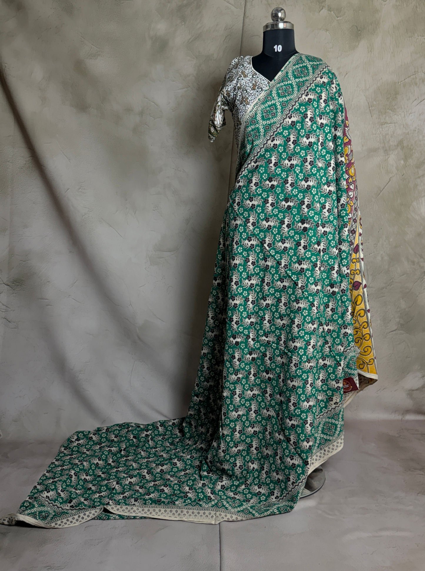 Teal Green Cotton Kalamkari Saree with Floral Buta Prints
