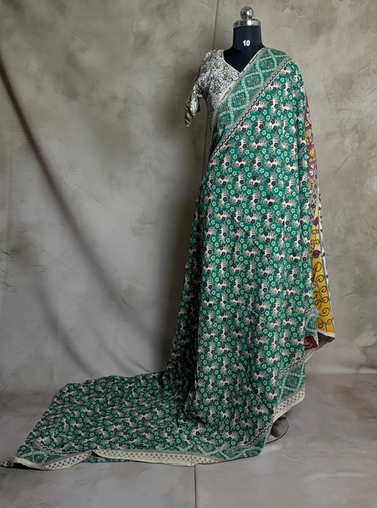 Teal Green Cotton Kalamkari Saree with Floral Buta Prints