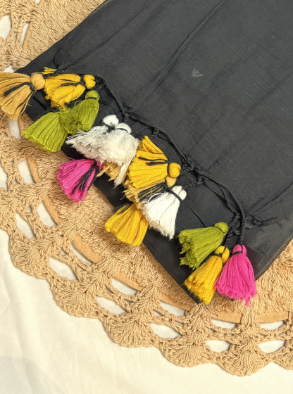 Midnight Black Mul Cotton Saree with Multicolor Tassel Pallu