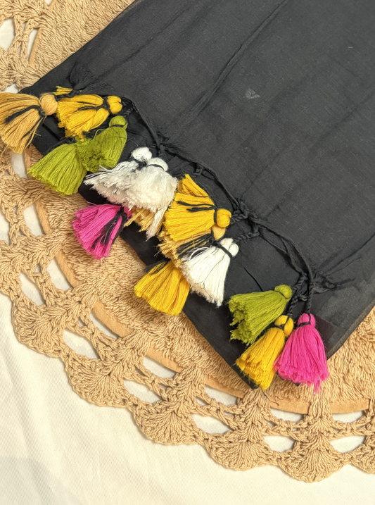 Midnight Black Mul Cotton Saree with Multicolor Tassel Pallu