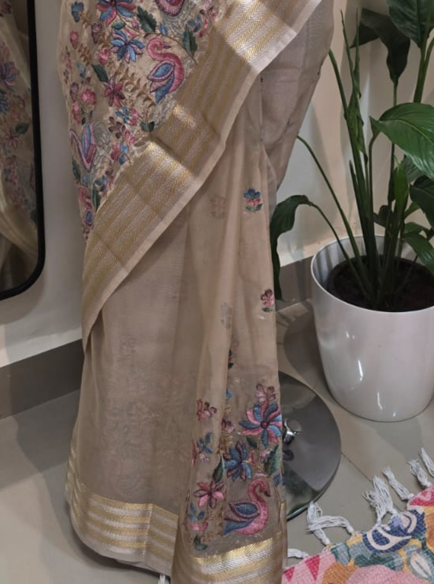 Elegant Beige Tissue Saree with Multicolor Floral Embroidery