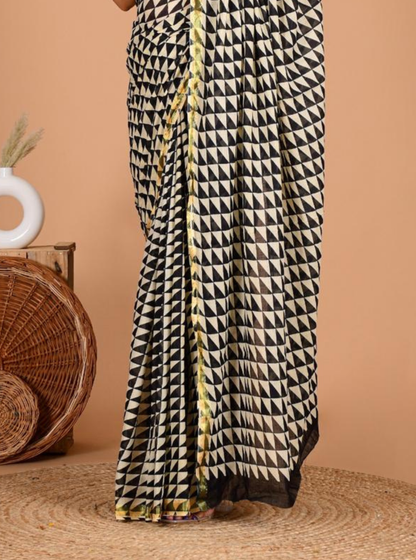Black & Ivory Geometric Cotton Zari Saree