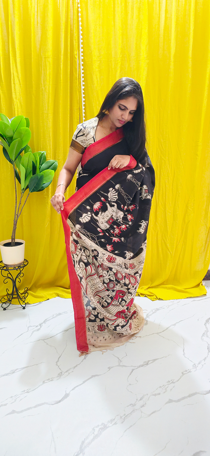 Regal Black and Red Pichwai Kalamkari Mangalagiri Silk Saree with Nizam Border and Hand Block Design