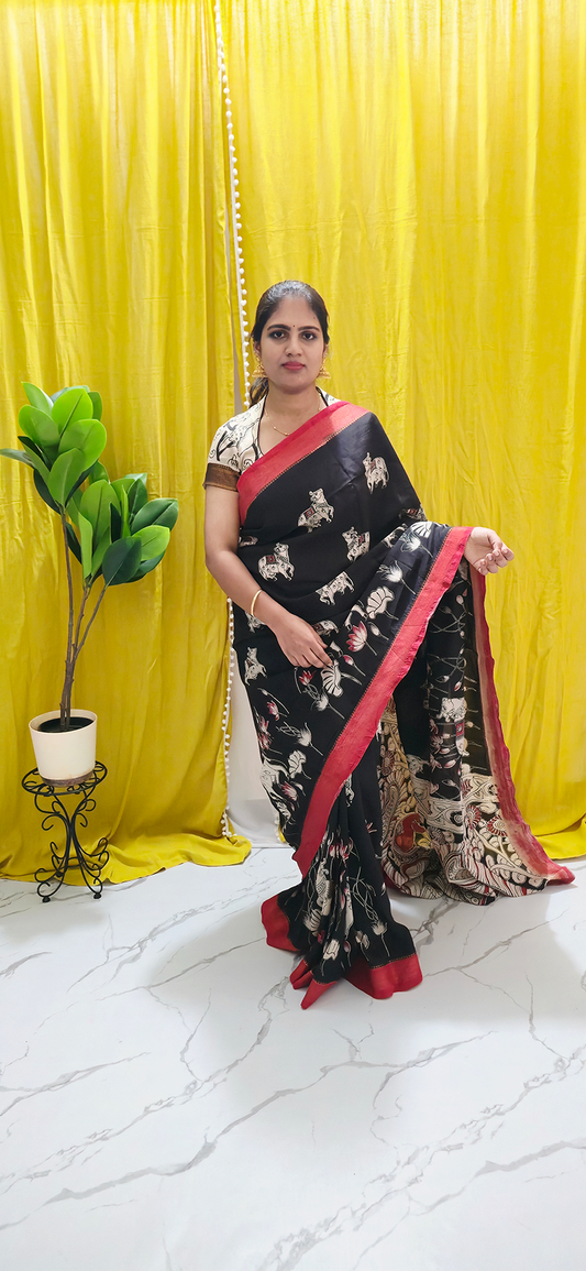 Regal Black and Red Pichwai Kalamkari Mangalagiri Silk Saree with Nizam Border and Hand Block Design
