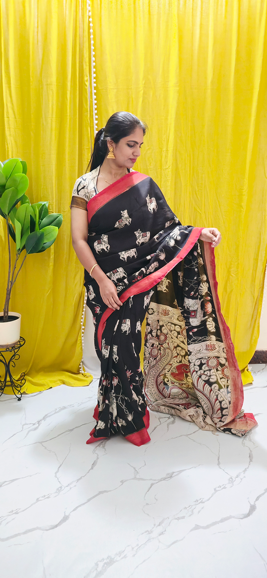 Regal Black and Red Pichwai Kalamkari Mangalagiri Silk Saree with Nizam Border and Hand Block Design