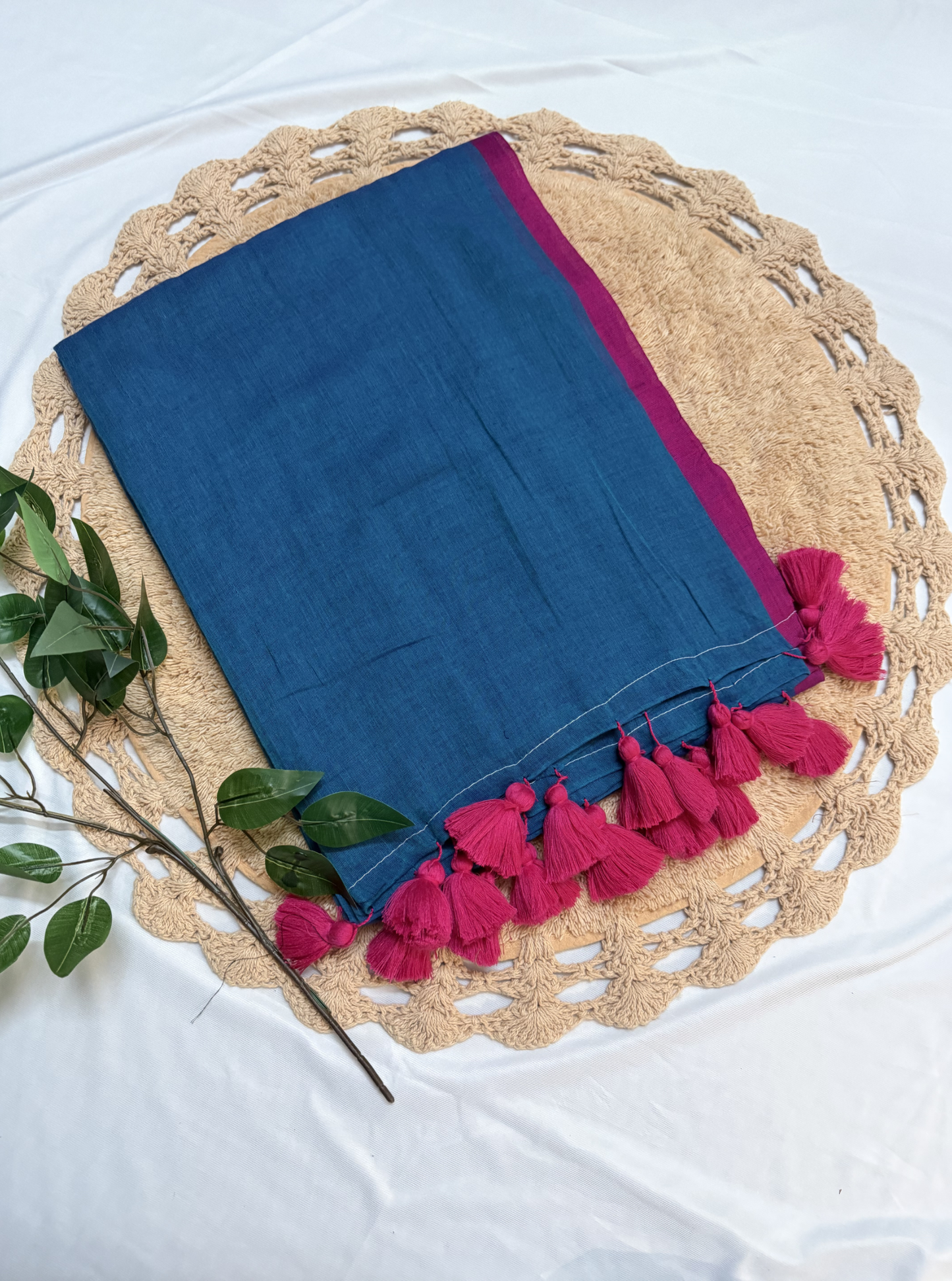 Teal Blue Mul Cotton Saree with Contrast Pink Border & Tassels