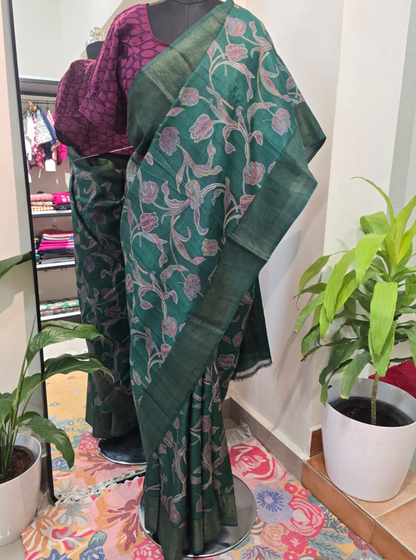 Elegant Green Tussar Silk Saree with Floral Print
