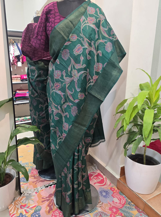 Elegant Green Tussar Silk Saree with Floral Print