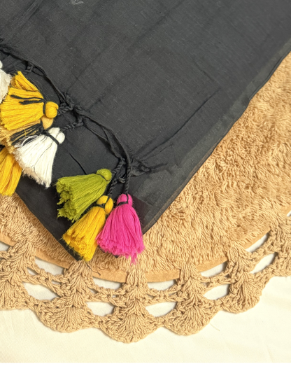 Midnight Black Mul Cotton Saree with Multicolor Tassel Pallu