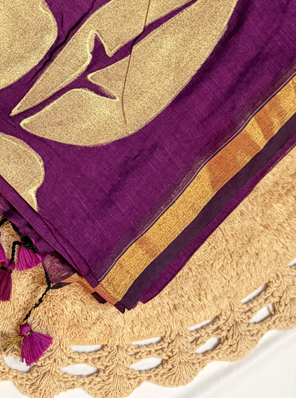 Regal Plum Mul Cotton Saree with Golden Leaf Design & Zari Border