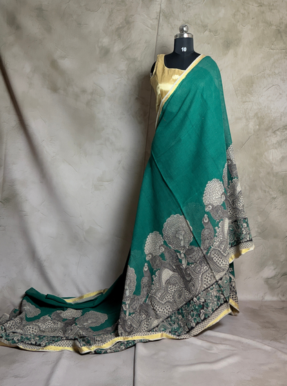 Teal Green Kota Cotton Saree with Peacock Kalamkari Inspired Border