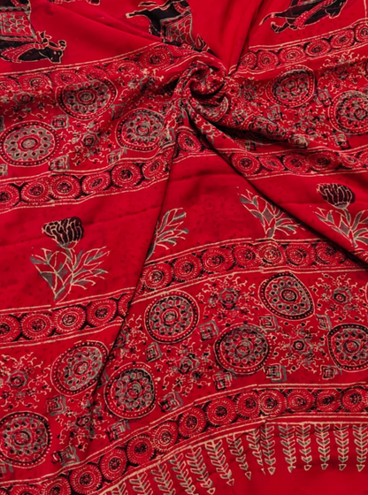 Red Chiffon Double Diamond Saree with Traditional Animal Motifs