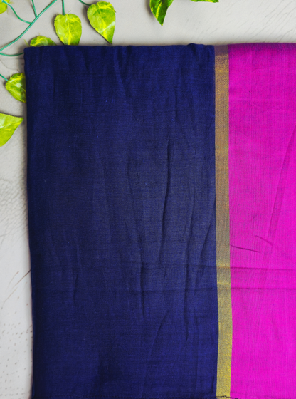 Classic Navy Blue Mul Cotton Saree with Contrast Pink Border & Tassel Pallu