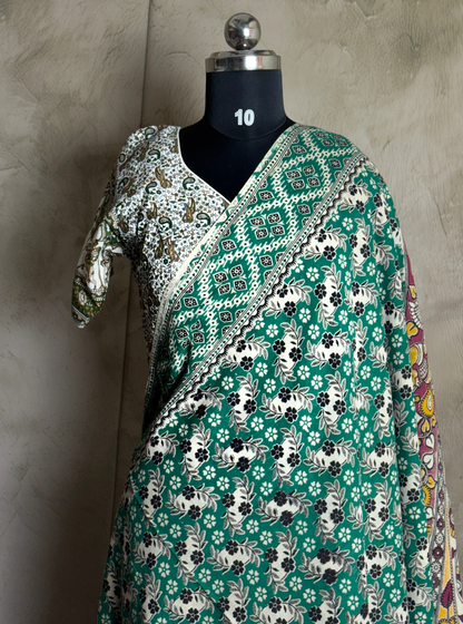 Teal Green Cotton Kalamkari Saree with Floral Buta Prints
