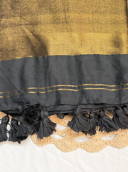 Midnight Black Mul Cotton Saree with Gold Tissue Pallu & Tassels
