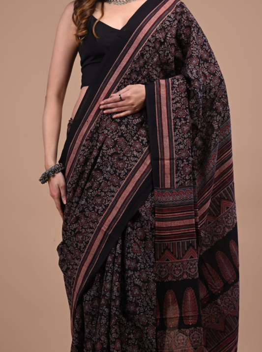 Black Cotton Ajrakh Saree with Intricate Floral & Geometric Prints