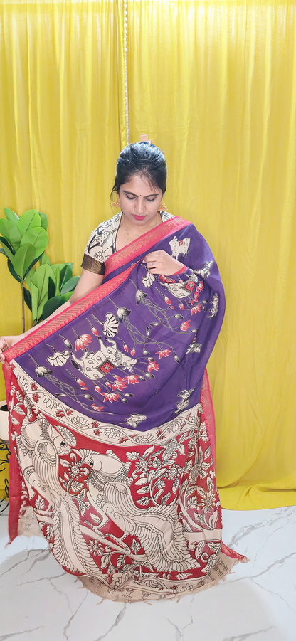 Exquisite Purple Pichwai Kalamkari Mangalagiri Silk Saree with Nizam Border and Hand Block Design