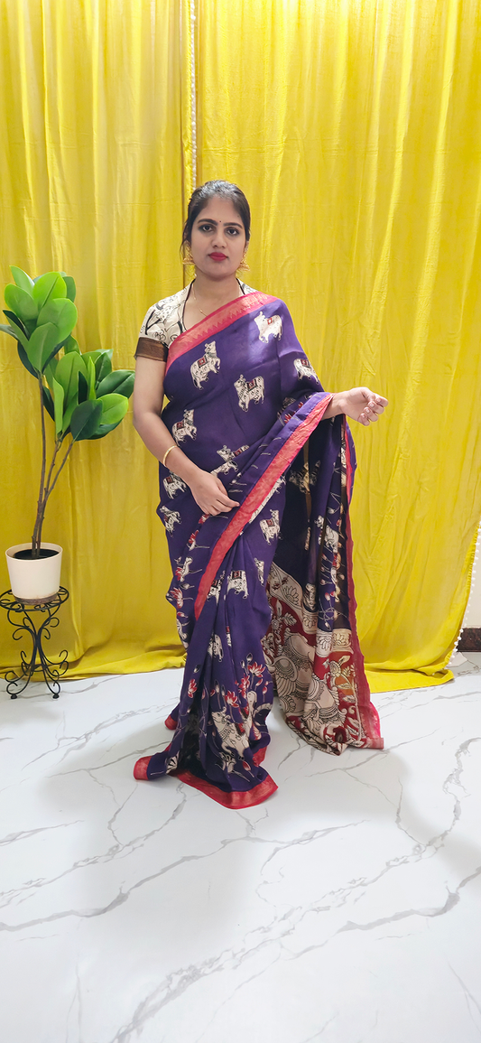 Exquisite Purple Pichwai Kalamkari Mangalagiri Silk Saree with Nizam Border and Hand Block Design