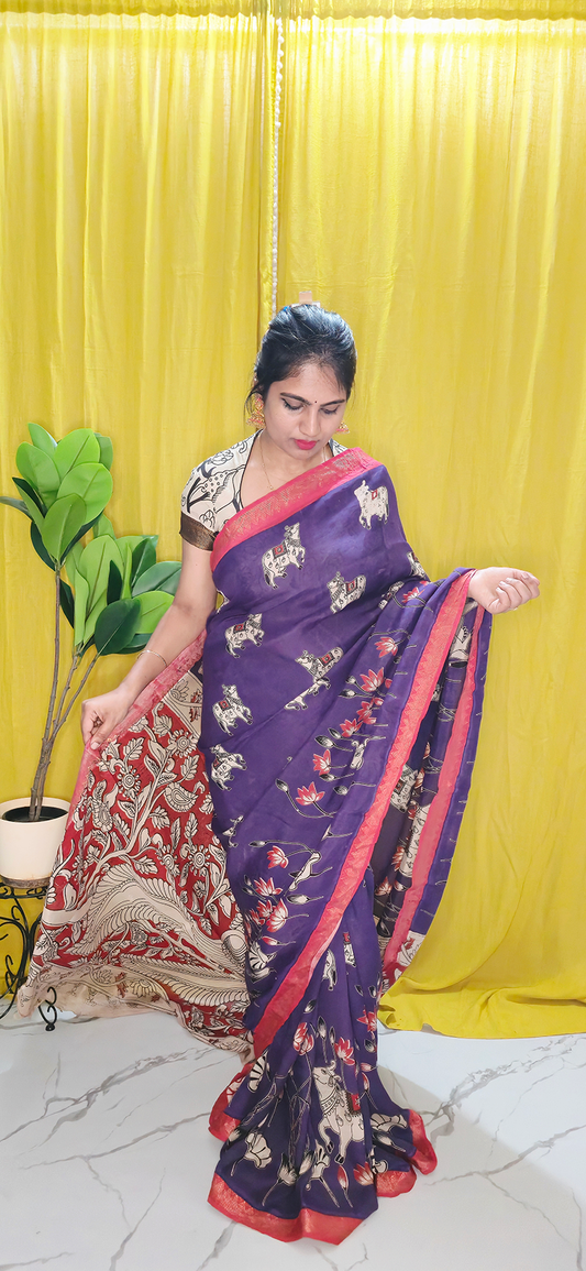 Exquisite Purple Pichwai Kalamkari Mangalagiri Silk Saree with Nizam Border and Hand Block Design