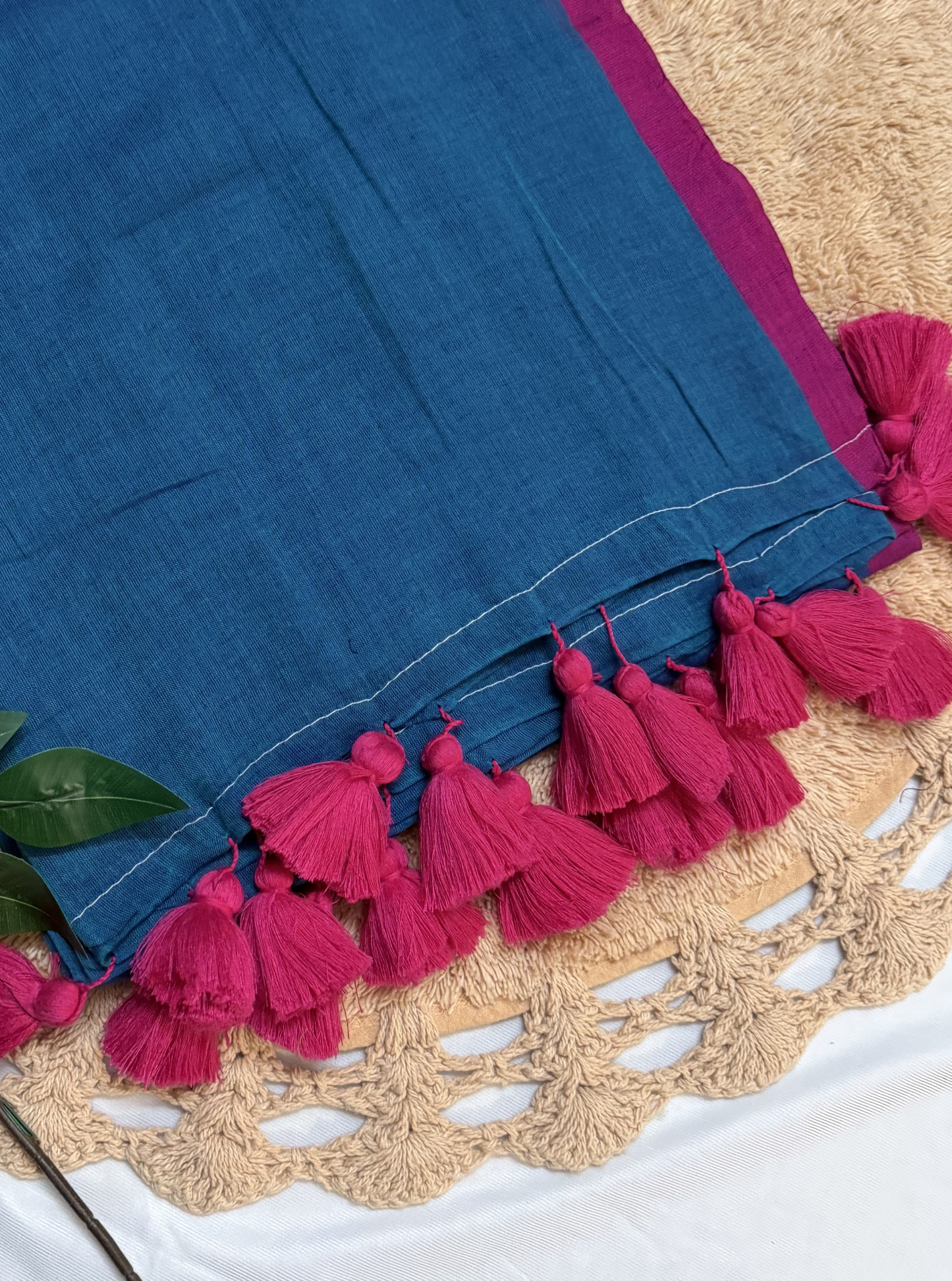 Teal Blue Mul Cotton Saree with Contrast Pink Border & Tassels