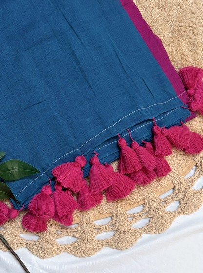 Teal Blue Mul Cotton Saree with Contrast Pink Border & Tassels