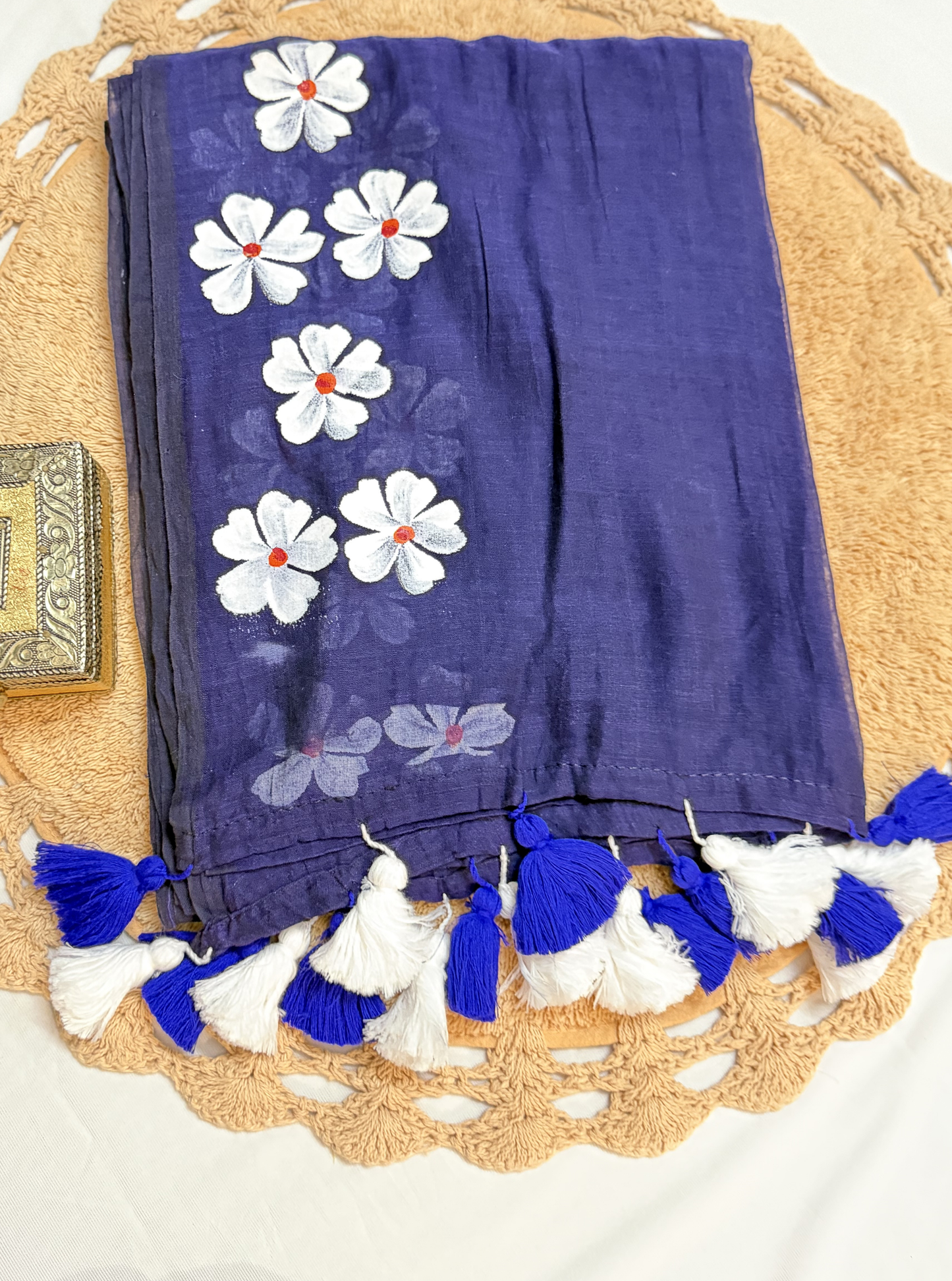 Indigo Mul Cotton Saree with Handpainted Floral Motifs & Dual-Tone Tassels