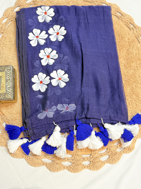 Indigo Mul Cotton Saree with Handpainted Floral Motifs & Dual-Tone Tassels
