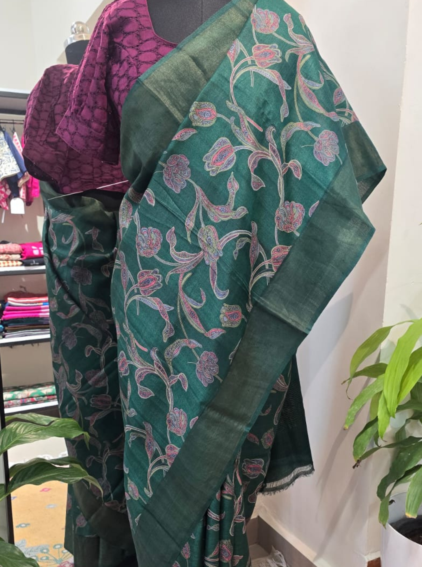 Elegant Green Tussar Silk Saree with Floral Print