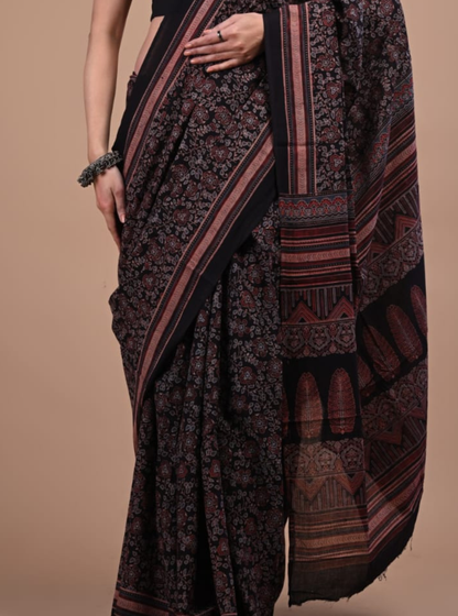 Black Cotton Ajrakh Saree with Intricate Floral & Geometric Prints