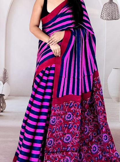 Pink & Navy Modal Silk Saree with Stripes & Floral Printed Pallu
