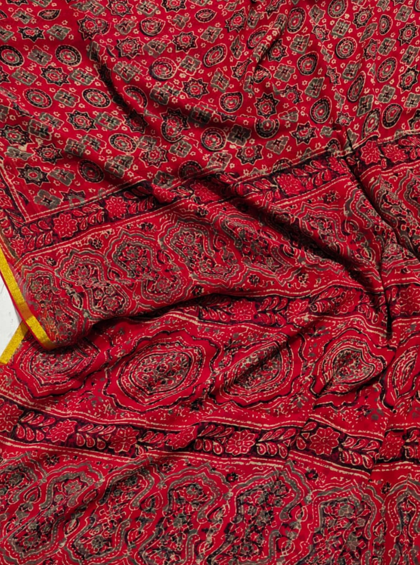 Red Chiffon Double Diamond Saree with Ajrakh-Inspired Floral & Geometric Prints