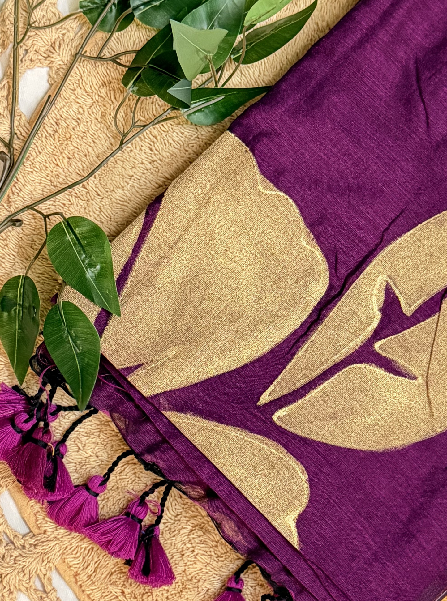 Regal Plum Mul Cotton Saree with Golden Leaf Design & Zari Border