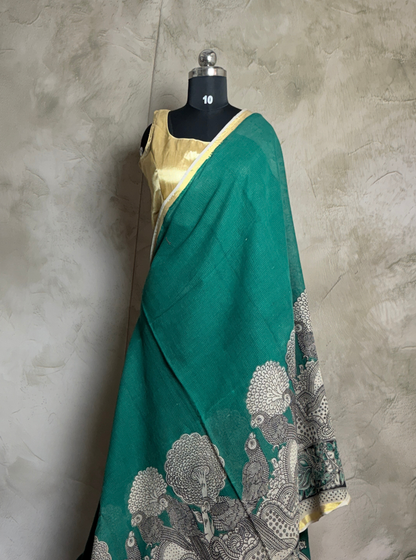 Teal Green Kota Cotton Saree with Peacock Kalamkari Inspired Border