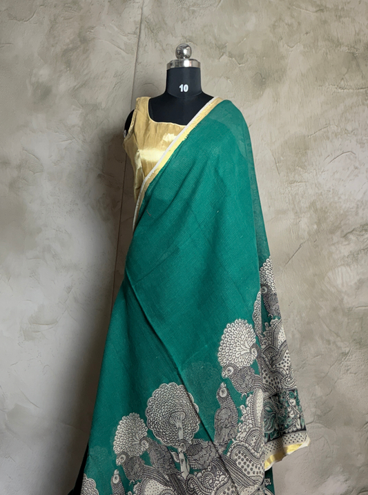Teal Green Kota Cotton Saree with Peacock Kalamkari Inspired Border